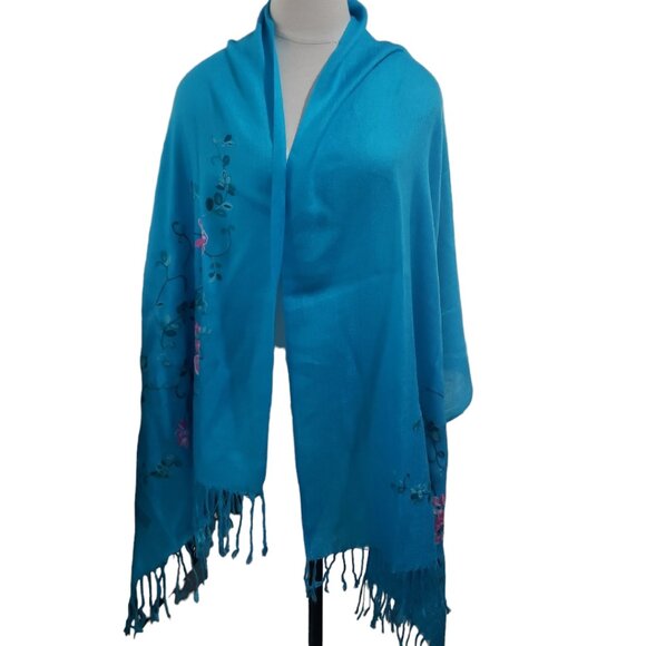CT1763 Turquoise 100% Cashmere Floral Wrap - Picture 1 of 4